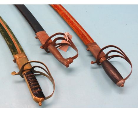 Three dress swords, each within scabbard, one other sword, etched steel blade rusted, and a spear 