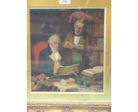 A 19th century oil on panel, interior scene, two gentlemen at desk in study, indistinctly signed beneath mount, 12 x 10in.