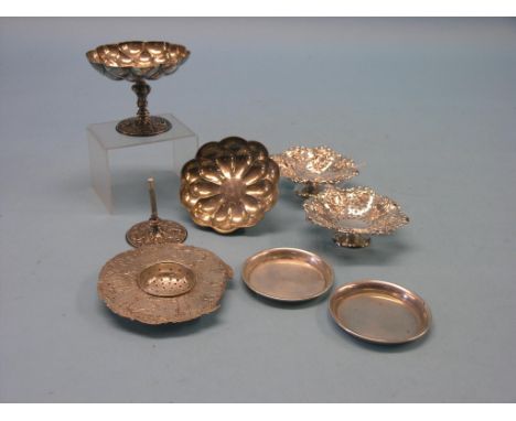 A pair of late Victorian pierced and embossed silver pedestal trinket dishes, Birmingham 1893, a pair of continental silver p