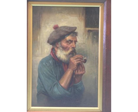 F. Diappa - oil portrait, canvas laid on board, bearded gentleman lighting pipe, indistinctly signed, 12 x 8in.