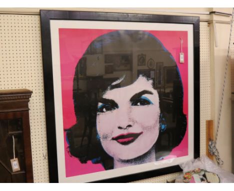 A large portrait print after Andy Warhol, Jackie Onassis, printed in colours, framed, 42 x 44in.