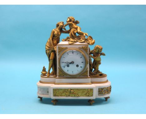 A 19th century French ormolu and white marble mantel clock, convex enamelled dial and bell-striking movement, neo-classical c