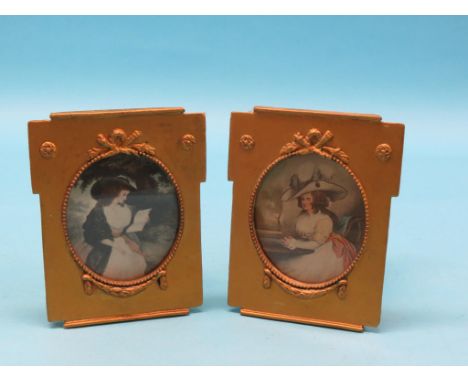 A pair of 18th century portrait prints, entitled verso Delia in Town and Delia in the Country, gilt frames, 7.25in. high 