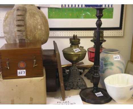 Two Victorian oil lamps, mother of pearl gaming counters, turned mahogany table lamp, cameras, etc. 