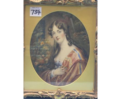 A 19th century watercolour, oval, half-length portrait of a seated young lady, unsigned, 10 x 8.25in. together with an oval p