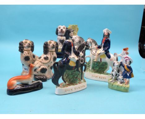 Two Staffordshire portrait figures, pair of similar dogs and three other similar items 