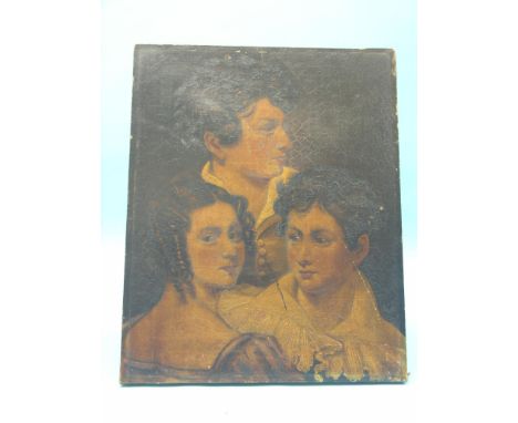 A 19th century oil on canvas, portrait trio, two males and female, 21 x 17in. - frameless