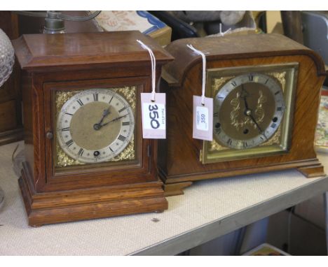 An oak mantel clock, with square brass dial, German timepiece movement, with key and pendulum, 10in. high and a walnut-cased 