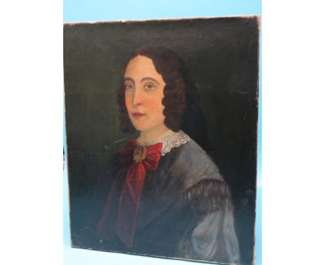 A 19th century oil on canvas, half-length portrait of a lady wearing red ribbon, inscribed Mathenat and dated 1857, inscribed