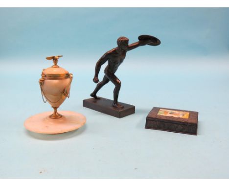 A Persian demascened metal box, rectangular-shape with inset painted bone panel, 5in., together with a bronzed metal figure o