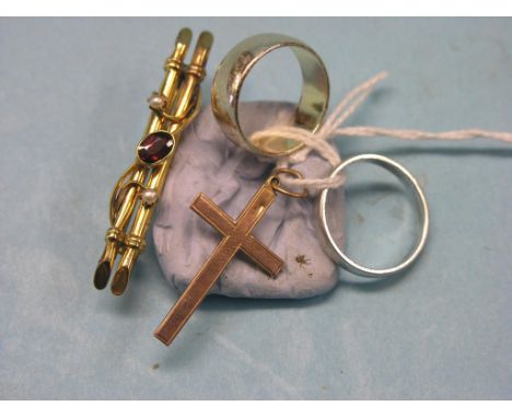 A Victorian gold bar brooch, set ruby and two seed-pearls, hallmark rubbed, together with a 9ct. gold cross-pendant, silver w