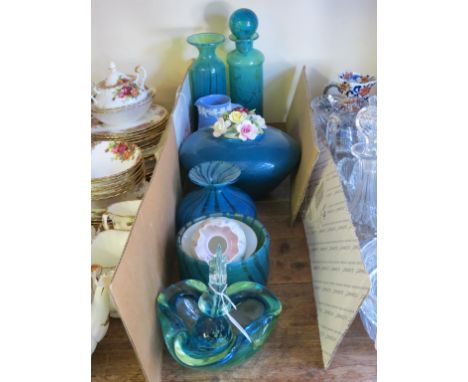 Mdina coloured glassware, including cylindrical jar with cover, Royal Worcester vase in the form of a sack and five other ite