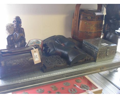 A Chinese sectional wood storage container, two African carved hardwood portrait busts, four various boxes and two other item
