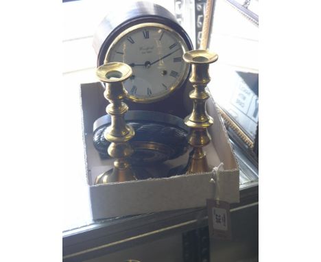 A mahogany mantel clock, dial signed Woodford, bell-striking movement in domed case, 9in., together with a rope-twist aneroid