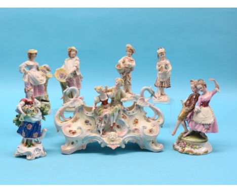 Decorative French and German porcelain figures, six total including two pairs and a decorative porcelain figural planter, 12.