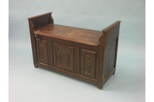 An Early 20th Century Dark Oak Hall Bench Hinged Top Enclosing
