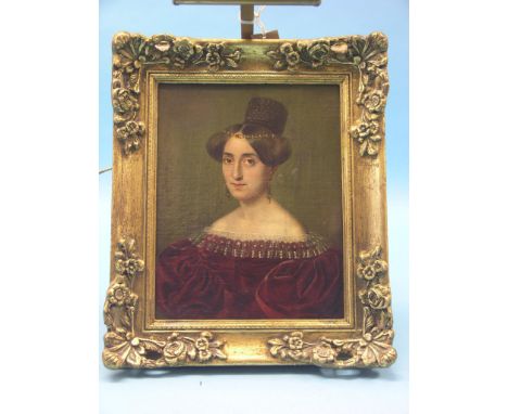 A 19th century oil on canvas, portrait bust of a young lady elaborated head-dress with jewelley, maroon dress with folds, 11 