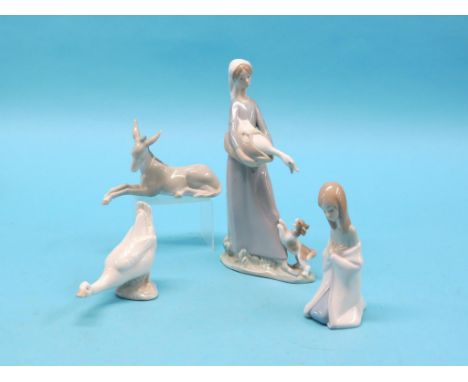 A Lladro model of a girl holding duck, two other Lladro items and a Nao duck 