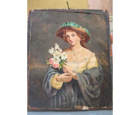 An early 19th century oil on card, half-length portrait of a young lady with flowers, unsigned, 8 x 6in. - inscribed verso 