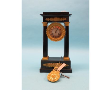 A 19th century French Empire-style mantel clock, silvered dial within cast brass bezel, French eight-day movement count-wheel