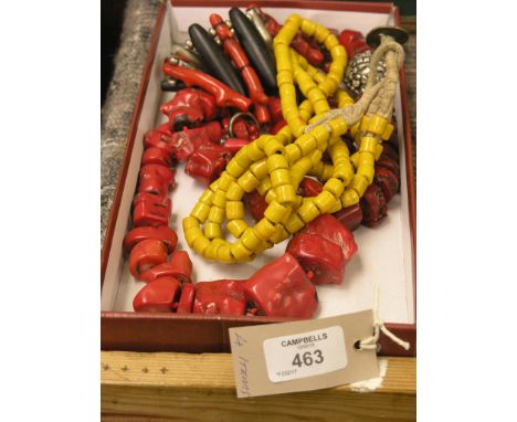 Two red coral large-bead necklaces, a coral and metal stick necklace and a yellow bead necklace 