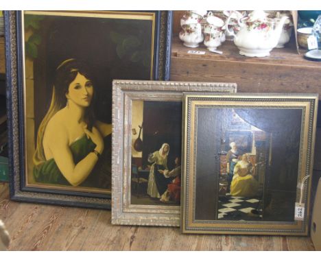 Two oils on board, Flemish-style interiors, 17 x 15in. together with an oil on board, half-length portrait of a lady with gui