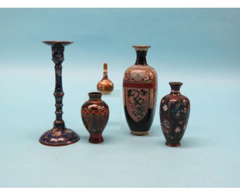 A cloisonne-enamelled candlestick, 10in., together with three cloisonne vases and small Satsuma posy vase 