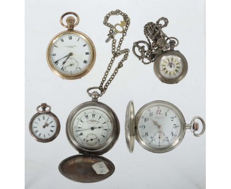 Fünf Taschenuhren u. a. Silber und Longines19./20. Jh., 1x Longines Silber-Niello-Halbsavonette mit Jagdmotiv, 2x Silbertasch