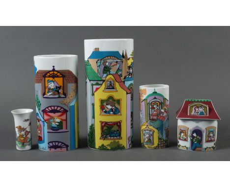 Wiinblad, BjörnKopenhagen 1918 - 2006 Lyngby, dänischer Maler, Designer und Bühnenbildner. 4 Vasen und eine Deckeldose, Rosen