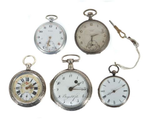 Eine Spindeltaschenuhr und vier weitere Taschenuhren meist Silber19./20. Jh., 1x französische Spindeltaschenuhr um 1800, bez.