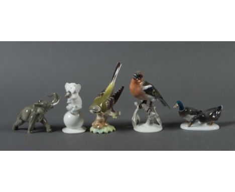3 Vogel- &amp; 2 Elefanten-Figuren3x Rosenthal, 1x Hutschenreuther und 1x thüringisch-sächsische Porzellanmanufaktur "HR", 20
