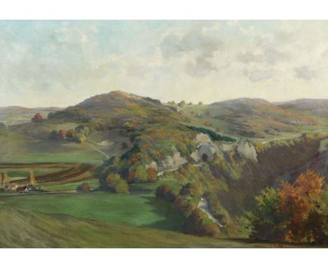 Hummel, FritzBerlin 1828 - 1905 Friedenau. "Schwäbische Landschaft", Blick auf die herbstliche Alb, unten rechts sign., Öl/Le