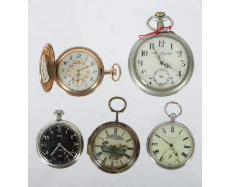 Spindeltaschenuhr und vier weitere u. a. Silber19./20. Jh., 1x englische Spindeltaschenuhr mit Vedutenmalerei, 18. Jh., 1x Si