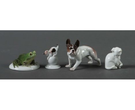 4 kleine Rosenthal-Tierfiguren20. Jh., Porzellan, glasiert, 3x mit polychromer Staffage versehen, 1x mit Ziervergoldung und 1