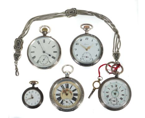 Alpina Taschenuhr mit Niello-Dekor und vier weitere meist Silber19./20. Jh., 1x Alpina-Silbertaschenuhr mit Niello-Dekor gepu