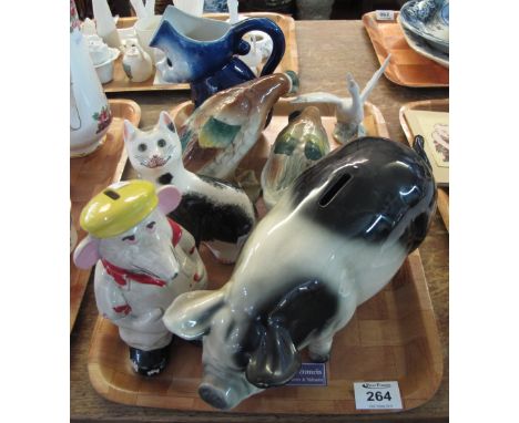Tray of china to include; two ceramic studies of Mallard ducks, novelty money box in the form of a pig and Roland Rat, seated