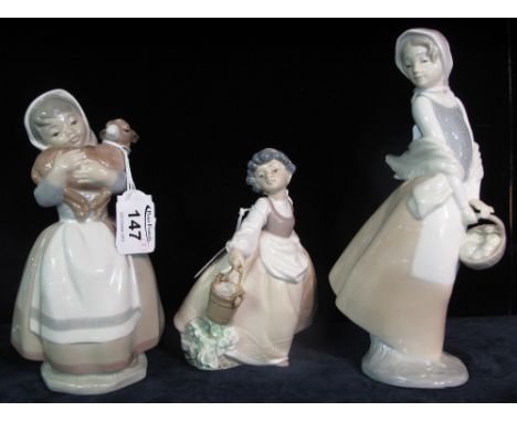 Three Nao Spanish porcelain figurines with goat and basket of flowers. (3)(B.P. 24% incl. VAT)