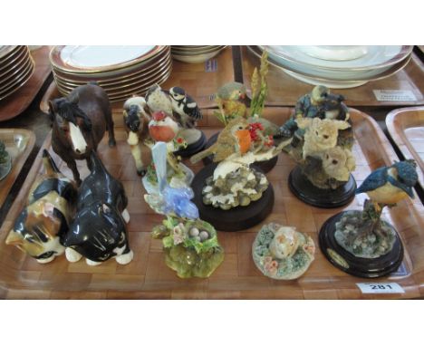 Tray of ceramic and other animals to include Crown Staffordshire blue tit, cats, other wild birds, horses etc. (B.P. 24% incl