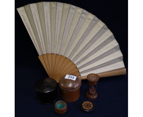 Treen - turned satin wood cylinder box for powder with powder puff, a lacquered cylinder box with turned cover, a satin wood 
