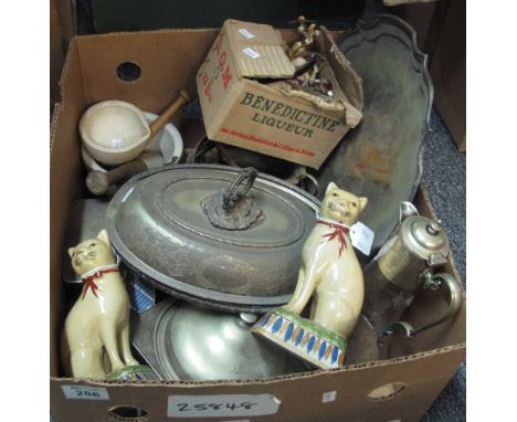 Box of assorted items to include a pair of modern Staffordshire style seated cats, metalware including entree dish, plated tr