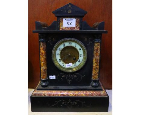 Late 19th century black slate and marble two train architectural mantle clock. (B.P. 24% incl. VAT)