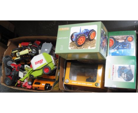 Box containing four universal hobbies 1:16 scale tractors in original boxes, together with another box of Diecast model vehic