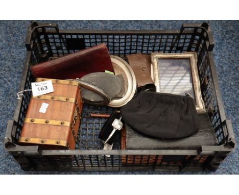 Box of oddments including; ladies dress watch, silver picture frames, purses, small trinket box etc. (B.P. 24% incl. VAT)