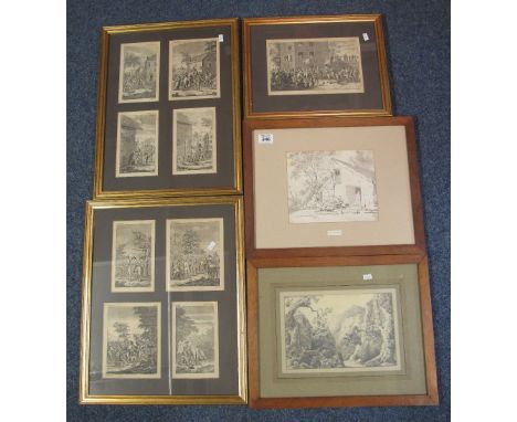 A collection of Hogarth engravings, being one single plate and then two groups of four small plates in single frames. Framed 