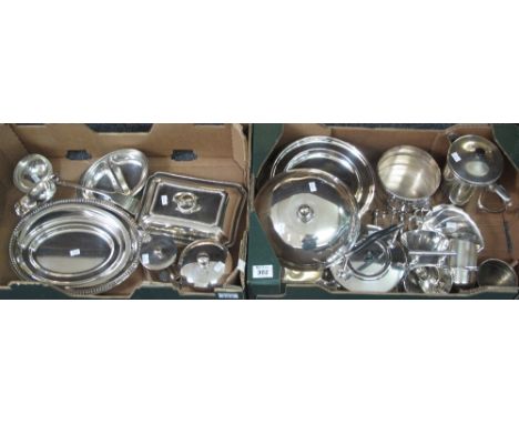 Two boxes of assorted silver plate various to include entree dishes, ladle, teaware etc.(B.P. 24% incl. VAT)