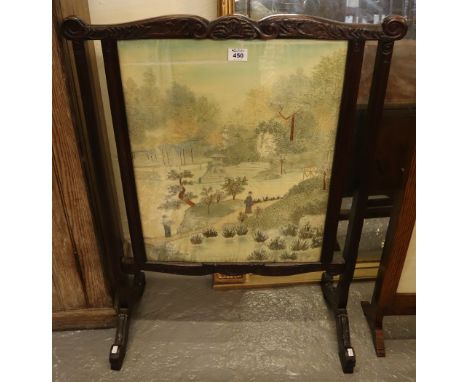 Early 20th Century oak framed tapestry screen with silk Japanese figures amongst foliage.(B.P. 24% incl. VAT)