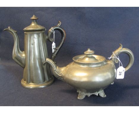 Sheffield pewter coffee pot of conical form with ebonised wooden handle, together with another pewter bullet shaped teapot. (
