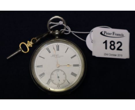 Silver engine turned open face key wind lever pocket watch with Roman numerals and seconds dial, marked H.W Benson, London. L