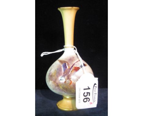 Royal Worcester miniature porcelain vase of baluster form by James Stinton, overall with duck in flight, puce marks to base, 