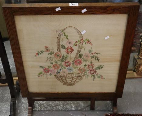 Mid Century oak folding table top firescreen with embroidered panel. (B.P. 24% incl. VAT)